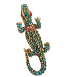 Alligator Crocodile Rhinestone Brooch Gold Tone Teal Crystal Reptile Pin Jewelry